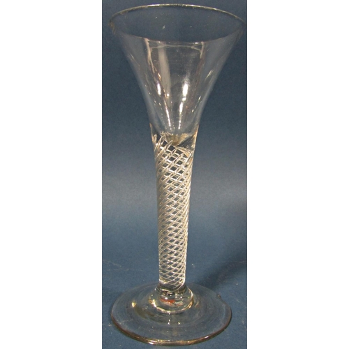 116 - A tall Georgian fluted Champagne glass with a spiral stem, a waisted bucket wine glass with spiral s... 