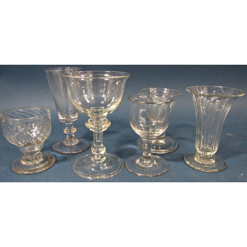 118 - Georgian wine and cordial glasses , six of varying design including a wide bowl example, a conical b... 