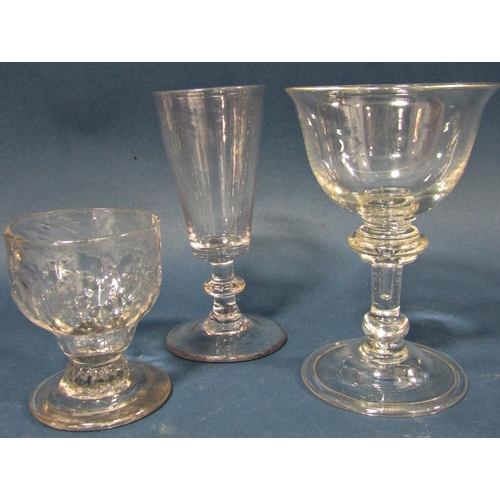 118 - Georgian wine and cordial glasses , six of varying design including a wide bowl example, a conical b... 