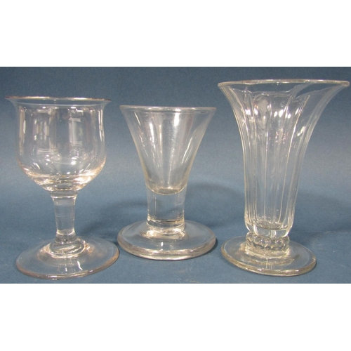 118 - Georgian wine and cordial glasses , six of varying design including a wide bowl example, a conical b... 