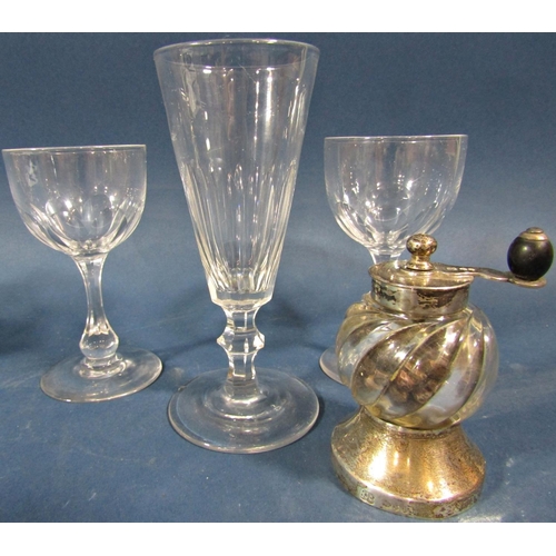 127 - A mixed selection of Georgian style rummers, wine and cordial glasses of varying design and a silver... 