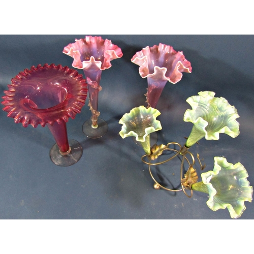 131 - A 19th century four branch epergne with Vaseline glass shades, a pair of Stourbridge type pale pink ... 