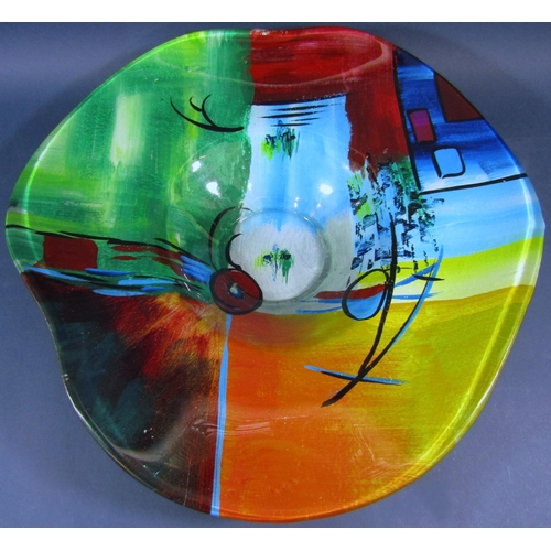 126 - A large 'Summer hat' shaped, brightly multicoloured glass fruit bowl, 47cm wide.