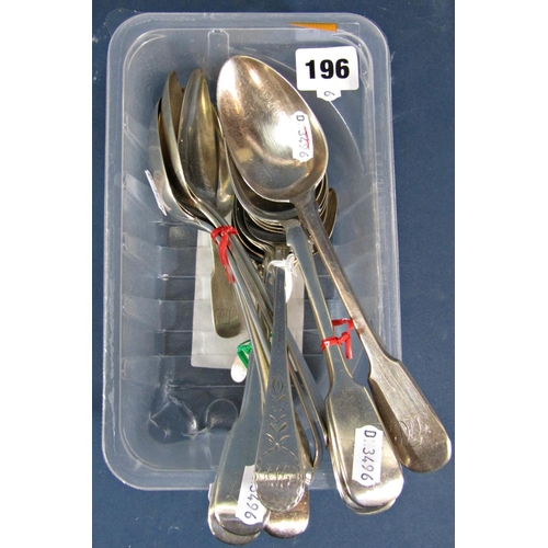 196 - Fourteen various Georgian silver serving spoons by various makers, with two teaspoons, 31oz approx