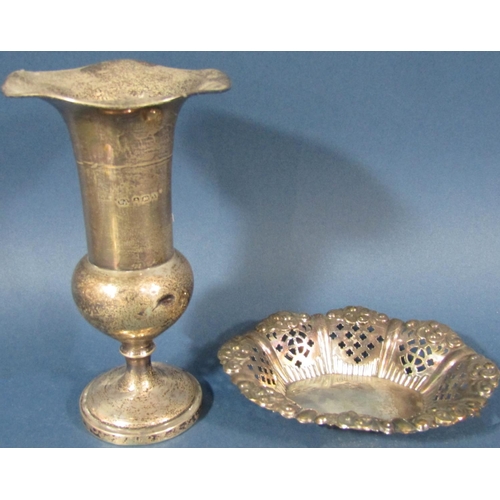 198 - A silver posy vase, a silver plate bon-bon dish, three cased silver plated salt pots