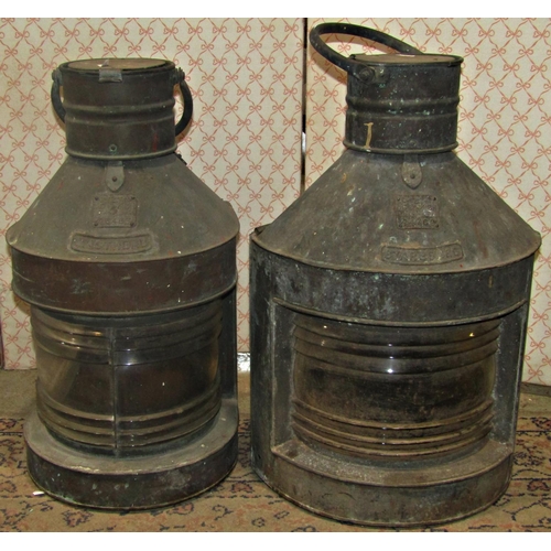 1132 - A pair of marine lanterns in copper, mast head and starboard, both Seahorse numbers 26463 and 24760