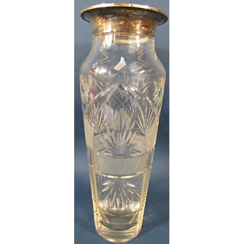 140 - An early 20th century engraved glass claret jug with a silver plated collar and handle, 27cm high, a... 