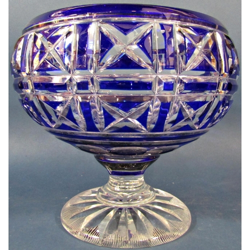 143 - A large heavy cut crystal blue fruit bowl 20cm high x 20cm diam , a similar boat shaped fruit bowl 2... 