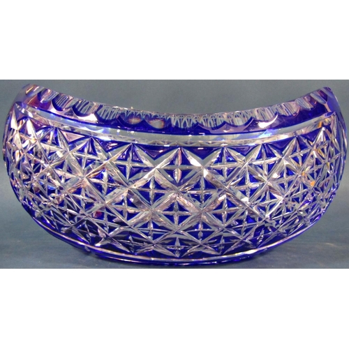 143 - A large heavy cut crystal blue fruit bowl 20cm high x 20cm diam , a similar boat shaped fruit bowl 2... 