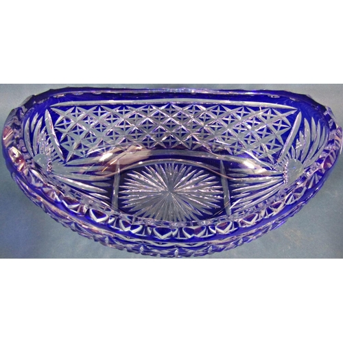 143 - A large heavy cut crystal blue fruit bowl 20cm high x 20cm diam , a similar boat shaped fruit bowl 2... 