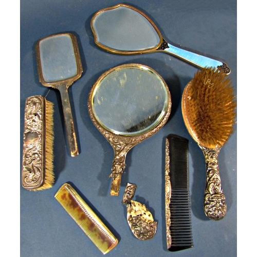 214 - Two silver backed hand mirrors (af) a blue enamelled hand mirror, a silver backed hairbrush, a silve... 