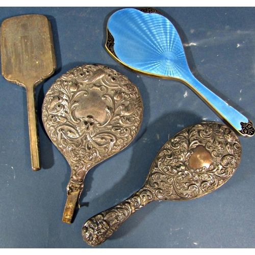 214 - Two silver backed hand mirrors (af) a blue enamelled hand mirror, a silver backed hairbrush, a silve... 