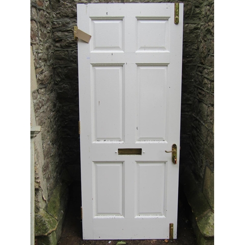 1028 - A good quality painted hardwood front door with fielded panels and polished brass fittings,  (comple... 