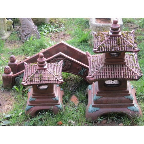 1038 - Three contemporary cast composition stone garden ornaments in the form of a Chinese style bridge, 92... 