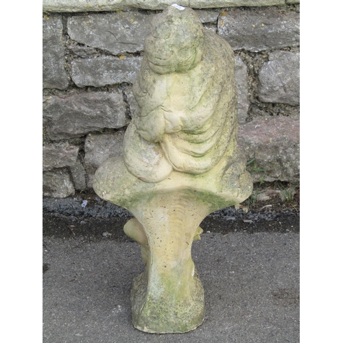 1097 - A weathered buff coloured head and shoulder bust of an art nouveau style maiden, 65cm high