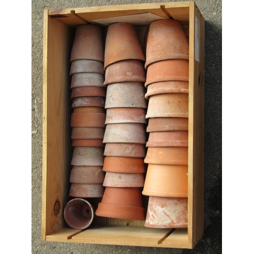 1102 - A pine wine crate containing 30 small old  terracotta flower pots