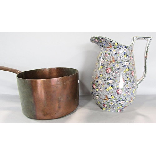 662 - A large high sided vintage copper sauce pan 16.5 cm high x 25.5cm diam , two brass ladles, wrought i... 