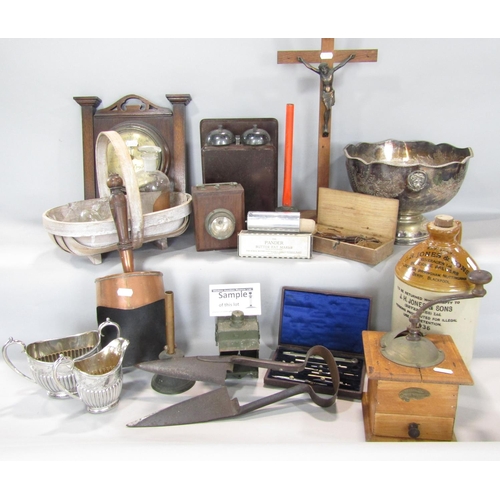 672 - A miscellaneous collection of items including, an oak wall barometer, coffee grinder, a pair of shea... 