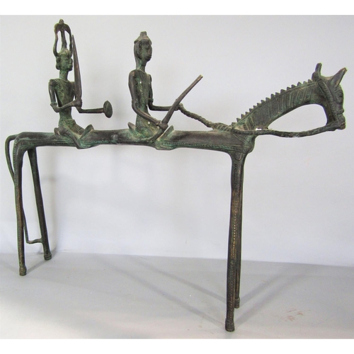 677 - A bronze Mali Dogon horse with two warriors riding, 48cm wide x 39cm high