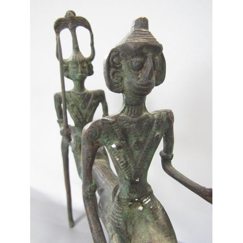 677 - A bronze Mali Dogon horse with two warriors riding, 48cm wide x 39cm high