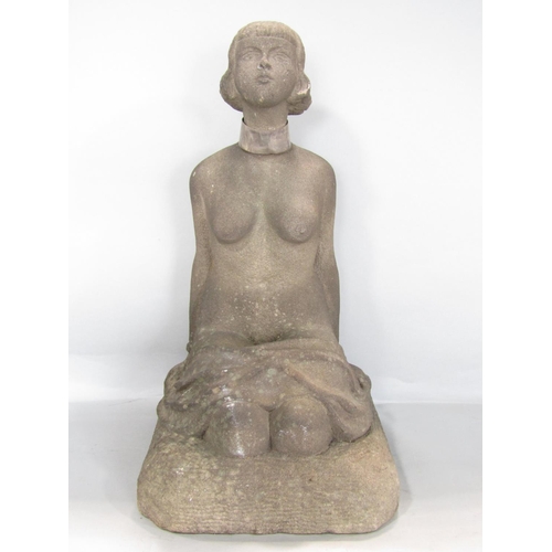 680 - A carved stone statue of a kneeling  naked woman , circa 1920’s, 43cm tall x 23cm.