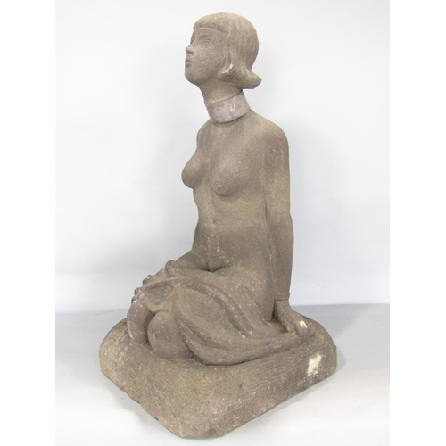 680 - A carved stone statue of a kneeling  naked woman , circa 1920’s, 43cm tall x 23cm.