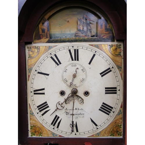 1503 - A Regency mahogany longcase clock with arched outline and spiral column supports enclosing a painted... 