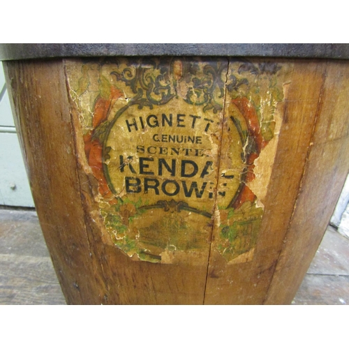 1558 - A waxed barrel with steel banded hoop bearing the label of Hignetts Genuine Scented Kendal Brown (sn... 