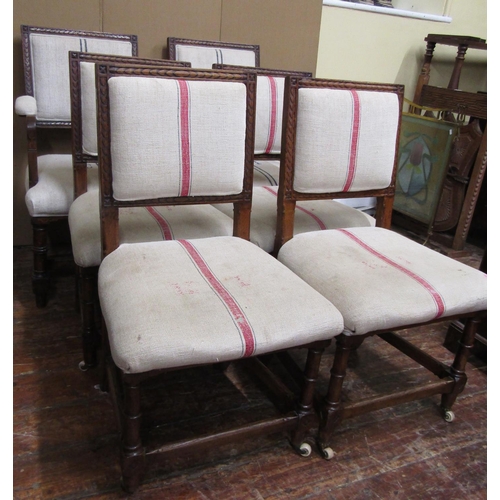 1587 - A set of six (4+2) Victorian oak framed dining chairs with carved detail, recently reupholstered in ... 