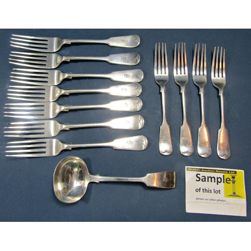 226 - Late Victorian silver flatwares consisting of five serving spoons, six main forks, four side forks, ... 