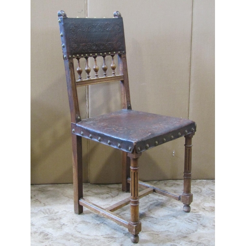 1390 - A set of six 19th century stick back chairs in elm with brass inlay, upholstered seats on swept supp... 