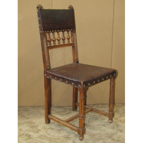 1390 - A set of six 19th century stick back chairs in elm with brass inlay, upholstered seats on swept supp... 