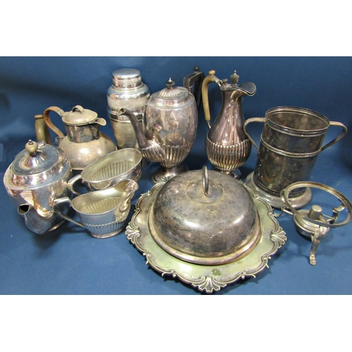 154 - A mixed selection of silver plated items including a cocktail shaker, wine cooler, tureen, tea and c... 