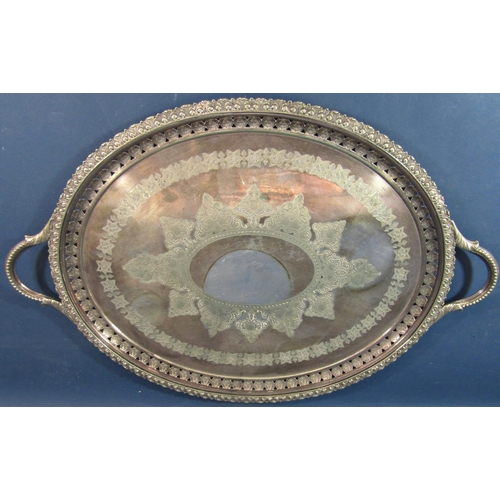 162 - A very large oval  Mappin & Webb silver plated tray with gadrooned edge and engraved surface 77cm x ... 