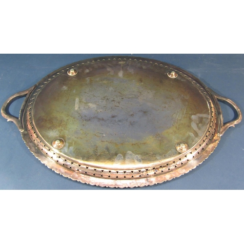 162 - A very large oval  Mappin & Webb silver plated tray with gadrooned edge and engraved surface 77cm x ... 