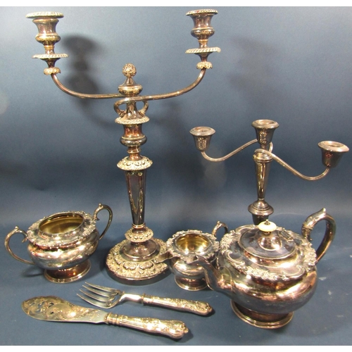 163 - A selection of silver plated items including a two branch Georgian style candelabra with detachable ... 