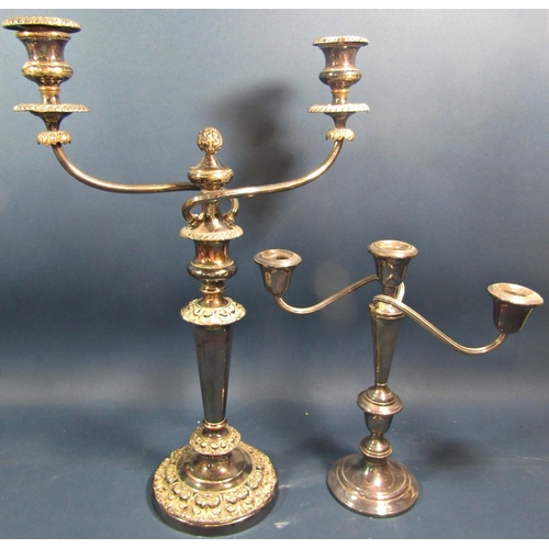 163 - A selection of silver plated items including a two branch Georgian style candelabra with detachable ... 