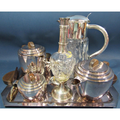 165 - An Art Deco design silver plated four piece Dees tea service with teak handles and tray to match, a ... 