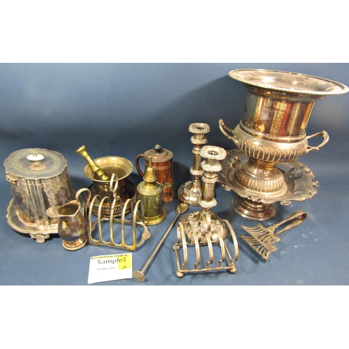 166 - A varied selection of silver plated items including, a company shaped wine cooler, a Corinthian colu... 