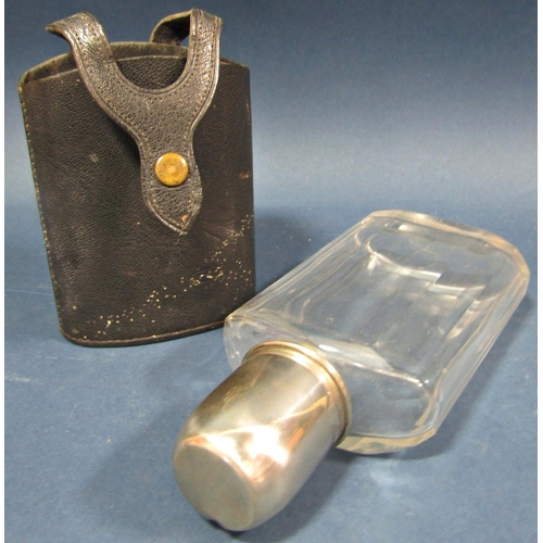 168 - A brown leather clad hip flask with a silver  plated top and toddy cup, another similar with a black... 