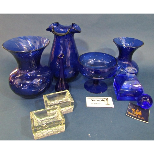 132 - An assortment of Bristol Blue type glassware including vases, a bowl and a selection of Bohemian rub... 