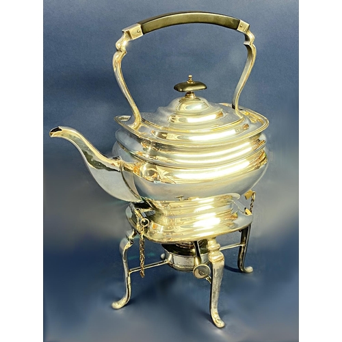 173 - A Georgian style silver plated tea kettle on stand with burner below, 34cm high.