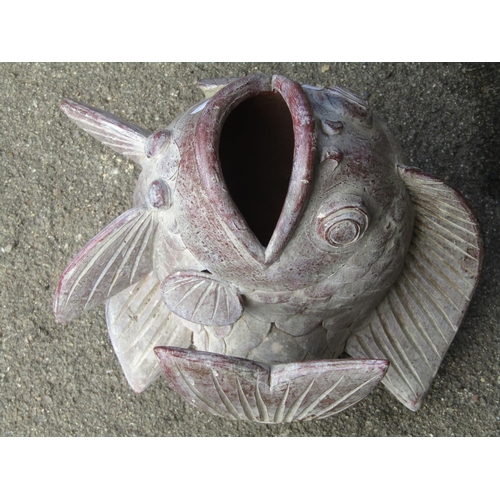 1112 - A terracotta water feature/fountain head in the form of a  ornamental carp 28 cm high