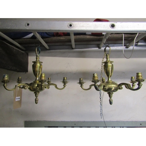 1119 - A pair of cast brass hanging ceiling lights each with five scrolling branches gadroon and further de... 