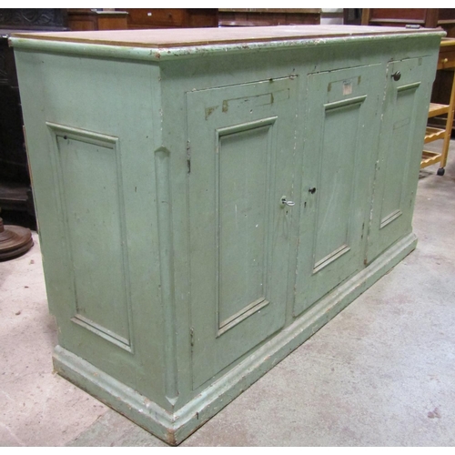 1220 - A 19th century pine side cupboard enclosed by three rectangular moulded panelled doors flanked by ca... 