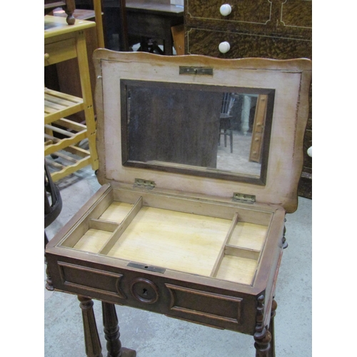 1227 - A 19th century mahogany sewing/work box of rectangular form, floorstanding, the hinged lid with serp... 