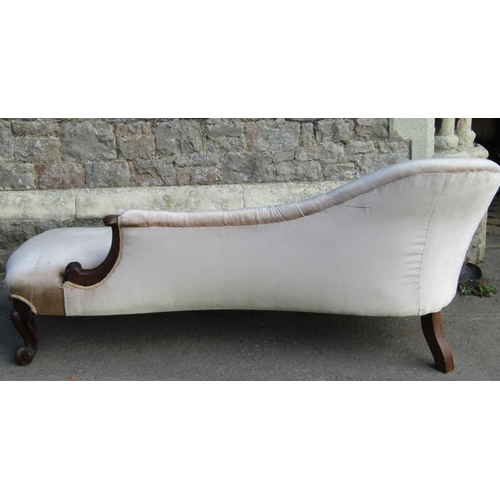 1516 - A Victorian rosewood framed chaise lounge, with scrolled detail and buttoned back on cabriole suppor... 