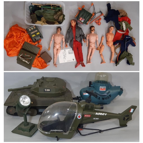 543 - Large collection of vintage Action Man figures, unsorted clothing, equipment and military vehicles i... 