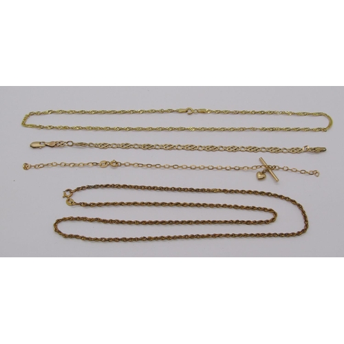 234 - Group of 9ct chains; two necklaces and two bracelets, 10.7g (all af) (4)