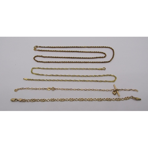 234 - Group of 9ct chains; two necklaces and two bracelets, 10.7g (all af) (4)